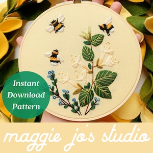 Honeysuckle and Bees Embroidery Pattern, Hand Embroidery Patterns, Spring Hand Embroidery, Easter Embroidery Designs, DIY Embroidery Pattern