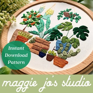 House Plant Embroidery, Pattern Download Embroidery, Orange Tree, Monstera Embroidery, Potted Plants Pattern, Botanical Embroidery,Maggie Jo