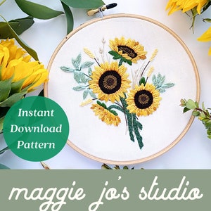 Sunflower Hand Embroidery Pattern, Instant Download PDF, Botanical Embroidery Pattern, Crafts for Adults, Fall Decor, Boho Living Room, Art
