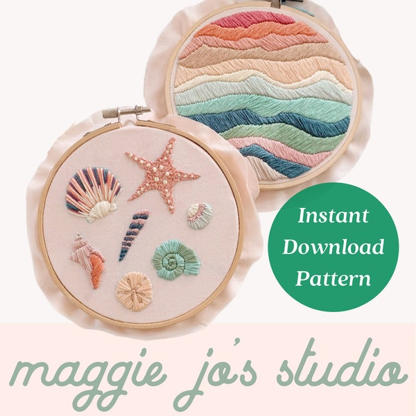 Seashell borduurpatroon, abstract borduurwerk, bonusdownload, oceaanborduurwerk, junipatroon, borduurhoepelkunst, Maggie Schnucker