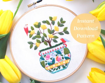 Potted Lemon Tree Embroidery Pattern, Bird Embroidery, Beginner Friendly Craft, Digital Download Embroidery, Maggie Jo's Studio, Lemon Art