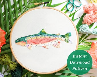 Rainbow Trout Embroidery Pattern, Digital Download Pattern, Nature Embroidery, Fishing Pattern, Thread Painting Pattern, Maggie Jo's Studio