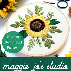 Sunflower Embroidery Download, Floral Embroidery Pattern, Hand Embroidery Download, Maggie Jo’s Studio, Embroidery PDF, Botanical Embroidery