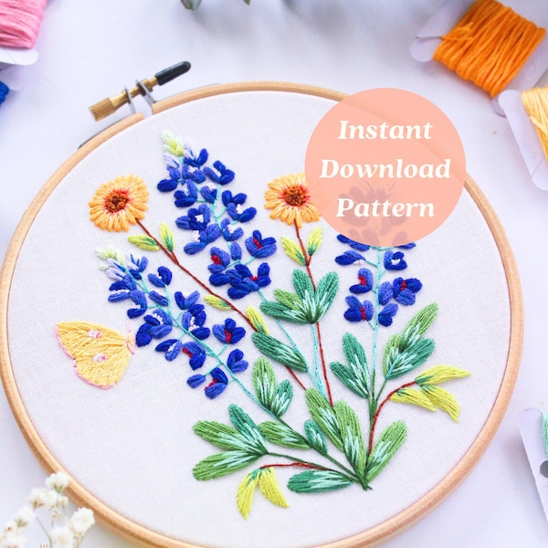 Blue Bonnet Embroidery Pattern, Texas Wildflowers Art, Printable Bluebonnet Pattern, Hand Embroidery Art, Wildflower Stitching, Texas Gifts