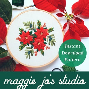 Poinsettia Embroidery Pattern, Winter Embroidery, Poinsettia Crafts, Botanical Embroidery Pattern, Winter Wedding Ideas, Maggie Jos Studio