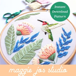 Hummingbird Pattern, Beachy Embroidery Pattern, Hand Embroidery Designs, Bird Embroidery Pattern, Garden Embroidery Pattern, Maggie Jo