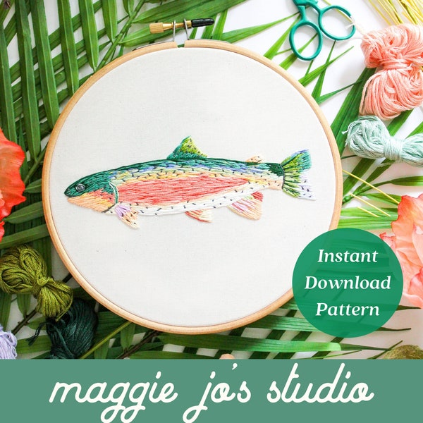 Motif de broderie de truite arc-en-ciel, motif de téléchargement numérique, broderie de nature, motif de pêche, motif de peinture de fil, studio de Maggie Jo