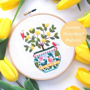 Potted Lemon Tree Embroidery Pattern, Bird Embroidery, Beginner Friendly Craft, Digital Download Embroidery, Maggie Jo's Studio, Lemon Art