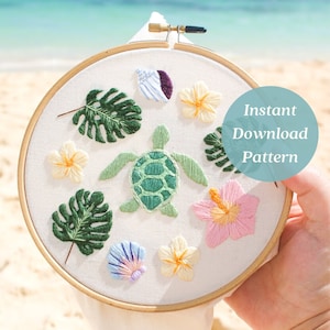 Sea Turtle Embroidery Pattern, Island Aesthetic, Island Medley Embroidery, Beachy Gift, Printable Instructions for Beginners, Ocean Art