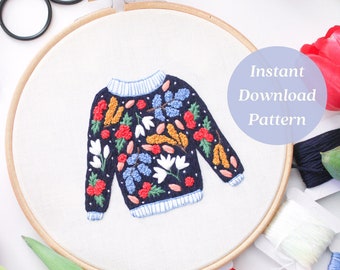 Midnight in Spring Sweater Embroidery Pattern, Hand Embroidery Pattern, Primary Color Florals, Embroidery Design, Cottage Core Embroidery