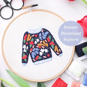 Midnight in Spring Sweater Embroidery Pattern, Hand Embroidery Pattern, Primary Color Florals, Embroidery Design, Cottage Core Embroidery