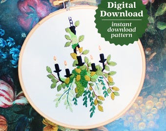 Branch Chandelier Hand Embroidery Pattern, Instant Download PDF, Botanical Embroidery Pattern, Halloween Spooky Embroidery, Autumn Art Decor