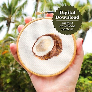 Korsstygnsmönster med kokosnöt, PDF-nedladdning, minikorsstygn, vacker ö-konst, Hawaii-mönster, söt kokosnöt, tropiskt X-stygnsmönster