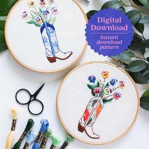 Cowgirl Boot Embroidery Pattern, Coastal Cowgirl Aesthetic, Western Embroidery, Pansies Wall Art, Hand Embroidery Tutorial, Cowboy Craft