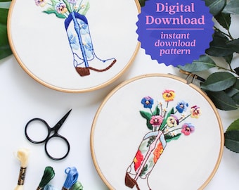 Cowgirl Boot Embroidery Pattern, Coastal Cowgirl Aesthetic, Western Embroidery, Pansies Wall Art, Hand Embroidery Tutorial, Cowboy Craft