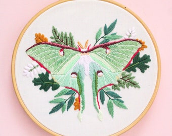 Finished Luna Moth Embroidery, Witchy Wall Art, Finished Embroidery, Pretty Moth Decor, Luna Moth Wall Art, Completed Butterfly Embroidery
