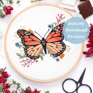 Monarch Embroidery Pattern, Hand Embroidery, Botanical Embroidery Pattern, Butterfly Embroidery, Monarch Aesthetic, Maggie Jos Studio