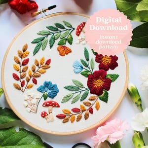 Mushroom and Florals Embroidery Pattern, Autumn Embroidery Pattern, Digital Download, Botanical Embroidery, Mushroom Pattern, Maggie Jo