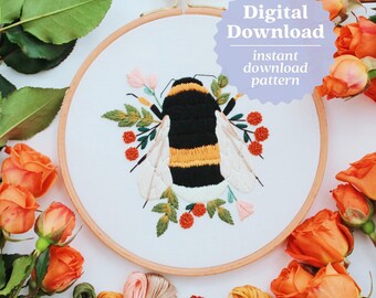 Wzór haftu „Bumble Bee”, haft cyfrowy do pobrania, haft wiosenny, pomysły na lato, wzory haftu „Pszczoła”, haft ręczny,