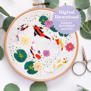 Koi Fish Embroidery Pattern, PDF Download Hand Embroidery, Summer Craft Ideas, Beginner Embroidery Tutorial, Enchanted Koi Fish, Maggie Jo