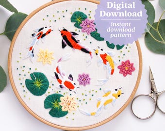 Koi Fish Embroidery Pattern, PDF Download Hand Embroidery, Summer Craft Ideas, Beginner Embroidery Tutorial, Enchanted Koi Fish, Maggie Jo