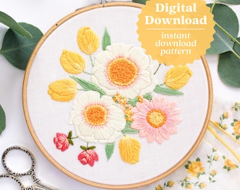 Patrón de bordado de ramo de tulipanes amarillos, flores de verano, tutorial de bordado a mano, paleta de colores cítricos, artesanía con aguja brillante, arte botánico