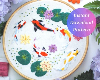 Koi Fish Embroidery Pattern, PDF Download Hand Embroidery, Summer Craft Ideas, Beginner Embroidery Tutorial, Enchanted Koi Fish, Maggie Jo