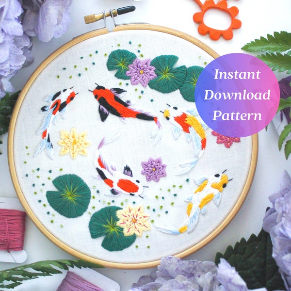 Koi Fish Embroidery Pattern, PDF Download Hand Embroidery, Summer Craft Ideas, Beginner Embroidery Tutorial, Enchanted Koi Fish, Maggie Jo