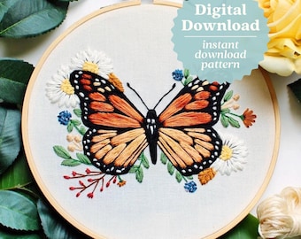 Monarch Embroidery Pattern, Hand Embroidery, Botanical Embroidery Pattern, Butterfly Embroidery, Monarch Aesthetic, Maggie Jos Studio