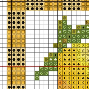 May include: Cross-stitch pattern featuring a stylized pineapple design. The pattern uses a grid of squares and includes symbols for hearts, clubs, spades, and stars. The color palette includes yellow, green, and black.