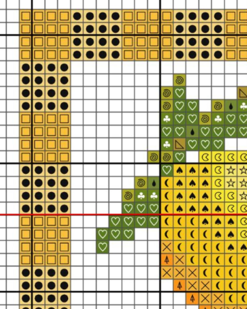 May include: Cross-stitch pattern featuring a stylized pineapple design. The pattern uses a grid of squares and includes symbols for hearts, clubs, spades, and stars. The color palette includes yellow, green, and black.