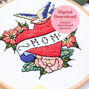 Mom Tattoo Embroidery Pattern, Mother&#39;s Day Embroidery Design, Mom Embroidery Pattern, Handmade Gift Idea, Tattoo PDF Pattern, Printable Art