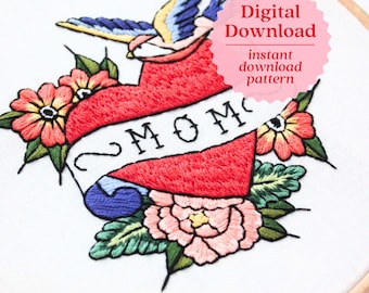 Mom Tattoo Embroidery Pattern, Mother&#39;s Day Embroidery Design, Mom Embroidery Pattern, Handmade Gift Idea, Tattoo PDF Pattern, Printable Art