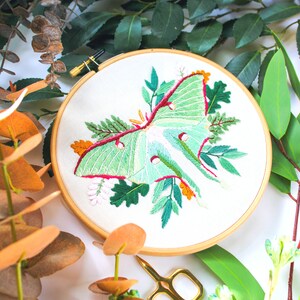 May include: A green and white embroidered moth with pink and orange accents on a white fabric background in a wooden embroidery hoop.