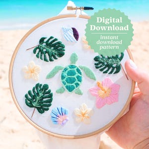 Sea Turtle Embroidery Pattern, Island Aesthetic, Island Medley Embroidery, Beachy Gift, Printable Instructions for Beginners, Ocean Art