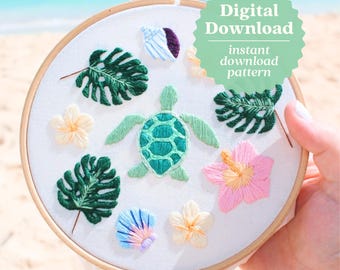 Sea Turtle Embroidery Pattern, Island Aesthetic, Island Medley Embroidery, Beachy Gift, Printable Instructions for Beginners, Ocean Art