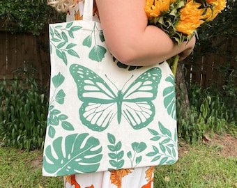 100% Cotton Tote Bag, Mostly I Want To Embroider Plants, Crafting Tote Bag, Butterfly Illustration, Cute Summer Tote, Cotton Book Bag