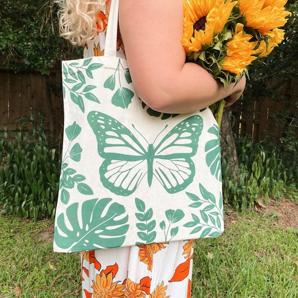 100% Cotton Tote Bag, Mostly I Want To Embroider Plants, Crafting Tote Bag, Butterfly Illustration, Cute Summer Tote, Cotton Book Bag