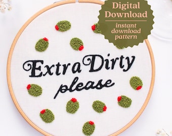 Extra Dirty Please Pattern, Olive Embroidery Art, Printable PDF Pattern, Olive Aesthetic, Embroidery Tutorial, Martini Art, Dirty Martini