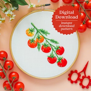 Broderimönster för vinstockstomater, konst för tomatälskare, present till trädgårdsmästare, tomatestetik, trädgårdsbroderi, utskrivbart mönster, broderikonst