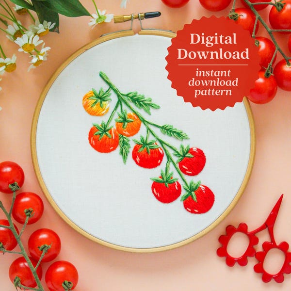Strauchtomaten Stickmuster, Tomaten Liebhaber Kunst, Geschenk für Gärtner, Tomatenästhetik, Gartenstickerei, druckbares Muster, Stitching Art