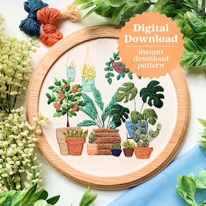 House Plant Embroidery, Pattern Download Embroidery, Orange Tree, Monstera Embroidery, Potted Plants Pattern, Botanical Embroidery,Maggie Jo
