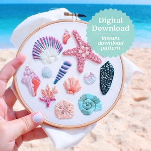 Seashell Embroidery Pattern, Intermediate Tutorial, Beach Hand Embroidery, Hawaii Craft, Beachy Needle Craft, Shell Aesthetic, Maggie Jo