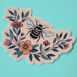 Sticker abeille et fleurs, Sticker rose pêche, Sticker vinyle bouteille d'eau, Sticker imperméable, Sticker pour ordinateur portable, Sticker amoureux de la nature, bourdon image 2