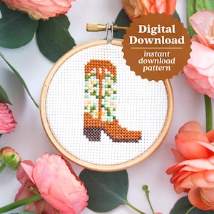 Cowgirl Boot Cross Stitch Pattern, PDF Download, Boot Art, Mini Cross Stitch, Beginner Tutorial, Western Cross Stitch, Cute Texas Pattern