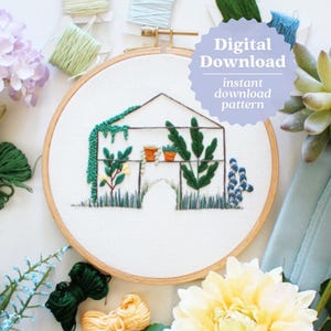 Greenhouse Embroidery Pattern, Digital Download Embroidery, Spring Craft Embroidery, Spring Ideas, Garden Embroidery, Hand Embroidery,