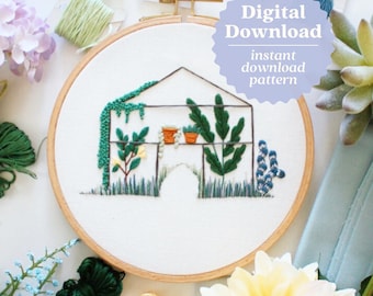 Greenhouse Embroidery Pattern, Digital Download Embroidery, Spring Craft Embroidery, Spring Ideas, Garden Embroidery, Hand Embroidery,