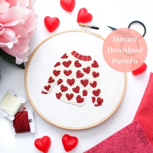 Heart Sweater Embroidery Pattern, Valentine Embroidery Project, Hand Embroidery Pattern, Valentine Craft for Adults, PDF Sweater Pattern