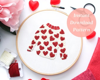 Heart Sweater Embroidery Pattern, Valentine Embroidery Project, Hand Embroidery Pattern, Valentine Craft for Adults, PDF Sweater Pattern