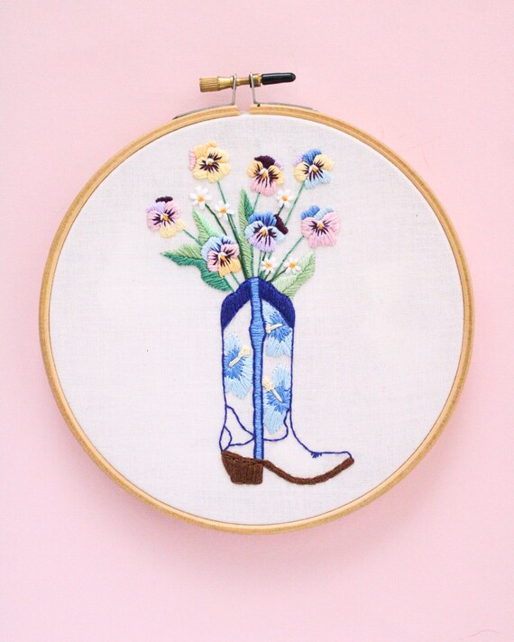 Finished Costal Cowgirl Embroidery, Costal Aesthetic Art, Cowboy Embroidery, Boot Bouquet, Cowgirl Embroidery, Costal Aesthetic Wall Decor